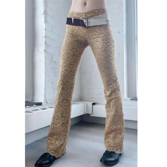 Betsey Johnson RARE 1990s Gold Lace Stretch Flare Pants - Picture 2 of 13
